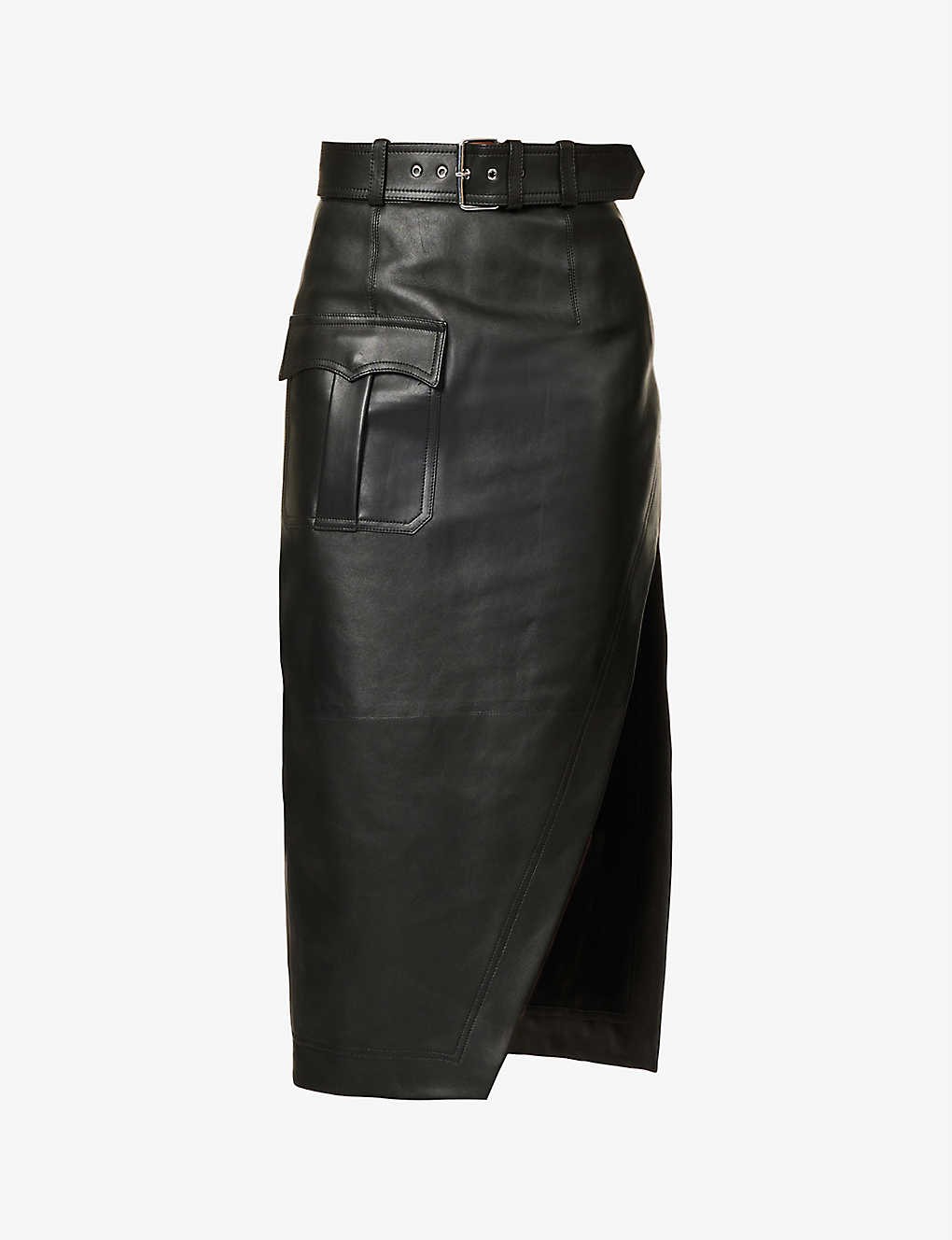 Belted asymmetric-hem leather midi skirt
