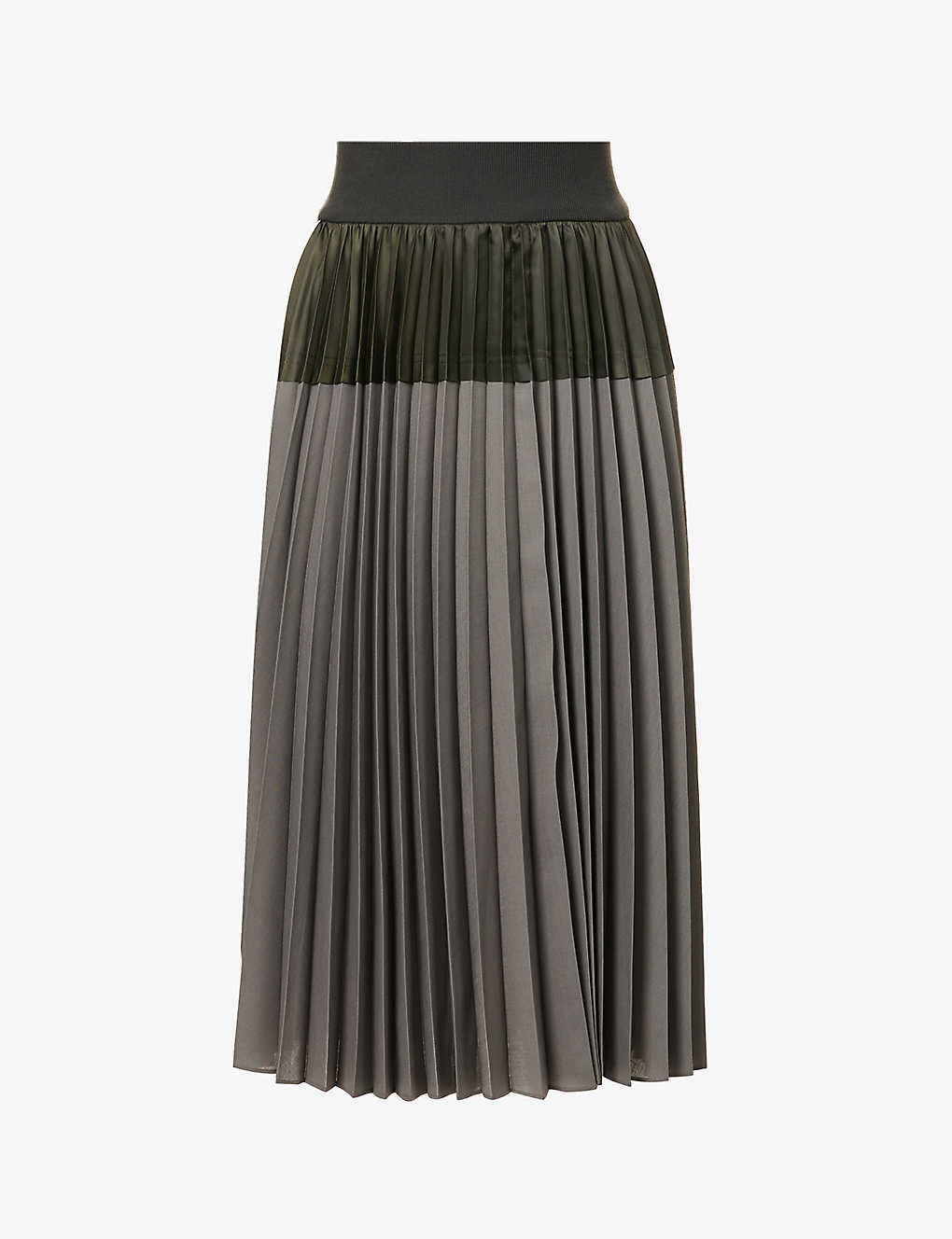Pleated contrast-trim woven midi skirt