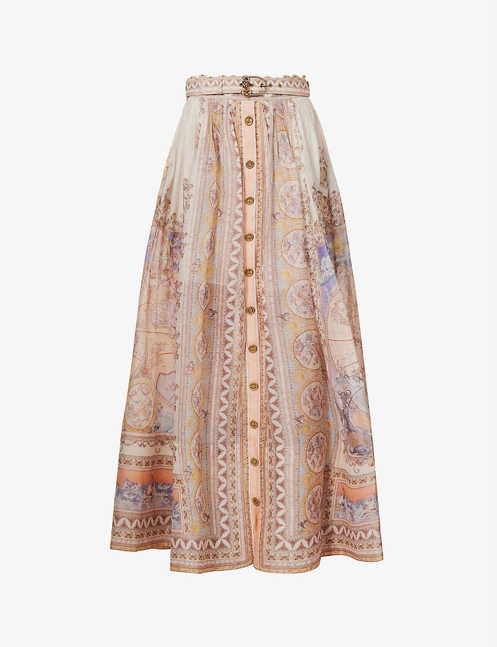 Abstract-pattern beaded-trim linen-silk blend maxi skirt