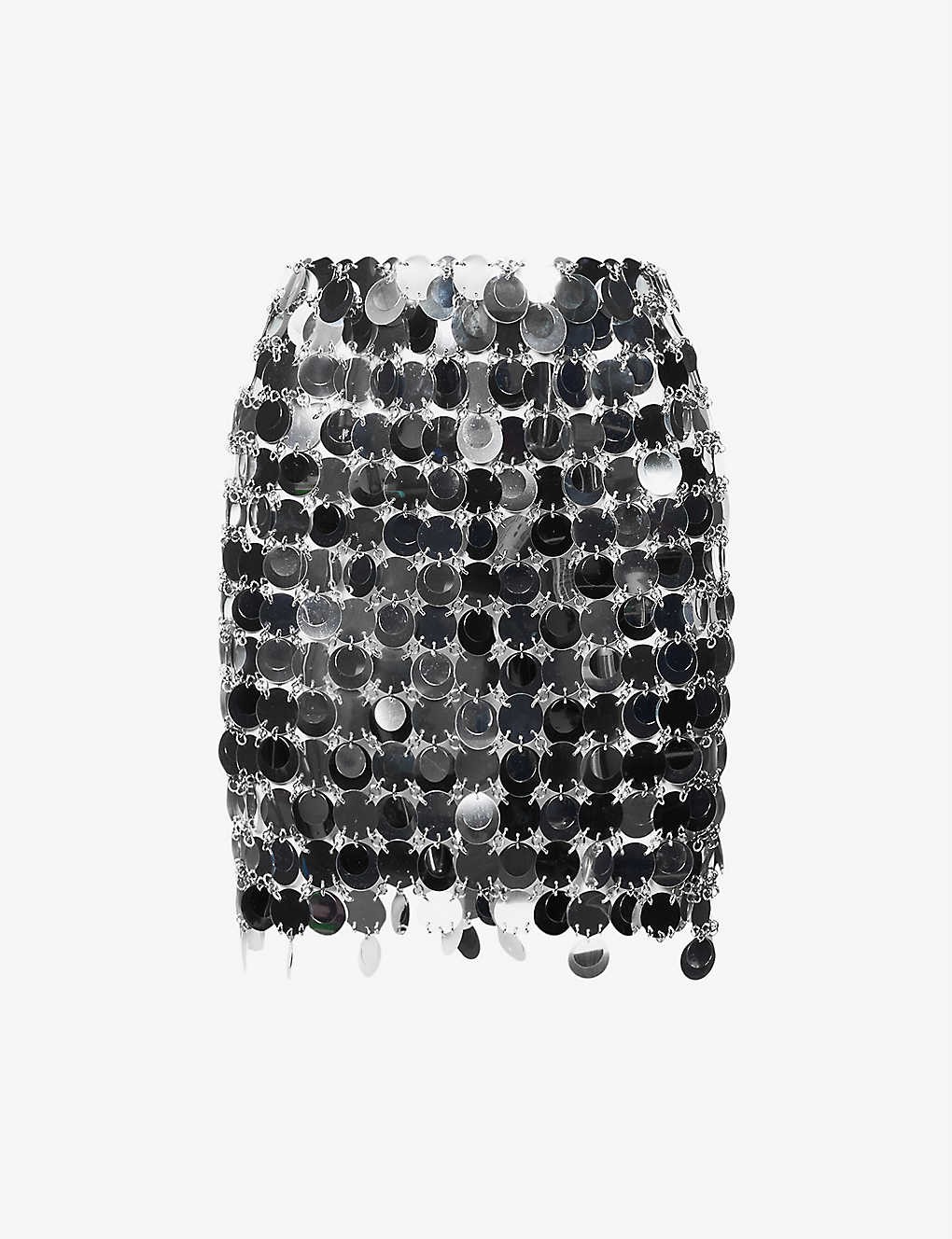 High-rise disc-embellished chainmail mini skirt