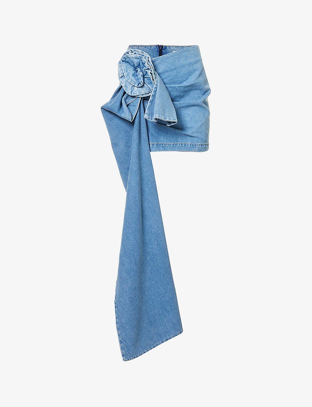 Flower-embellished faded-wash denim mini skirt