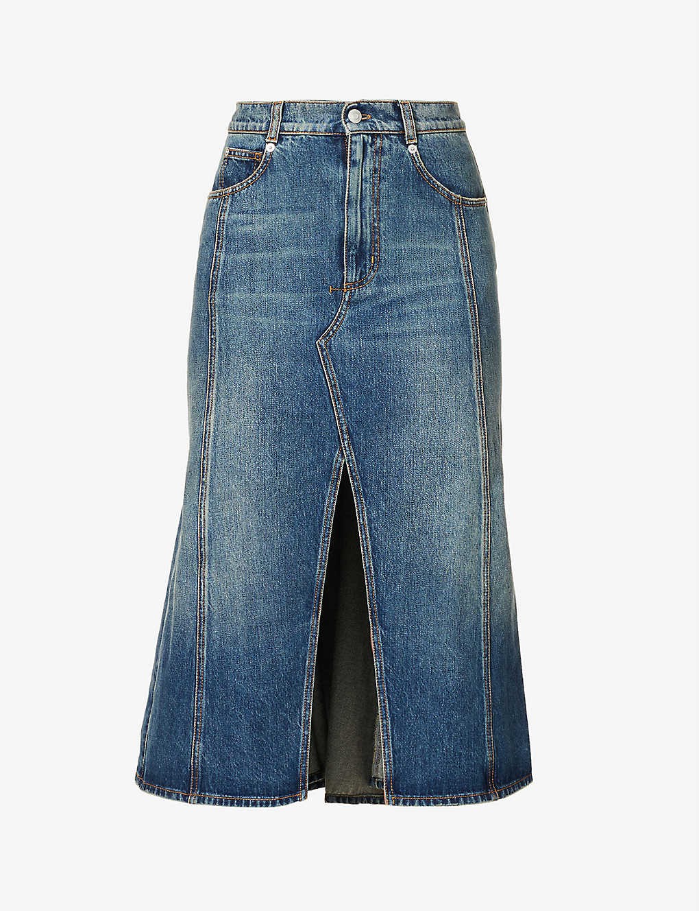 Split-front flared-hem denim midi skirt