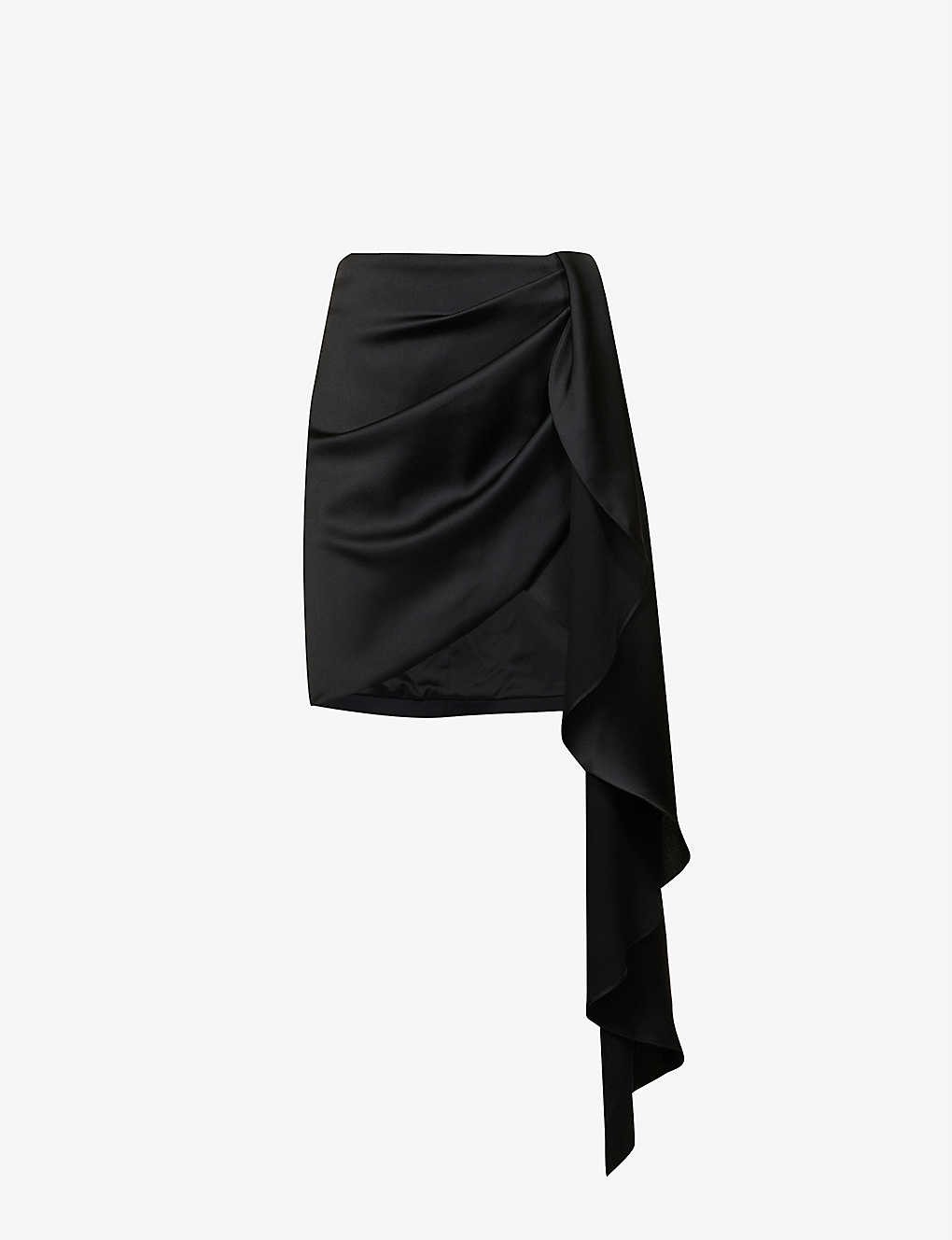 Wrap-over asymmetric-hem satin mini skirt