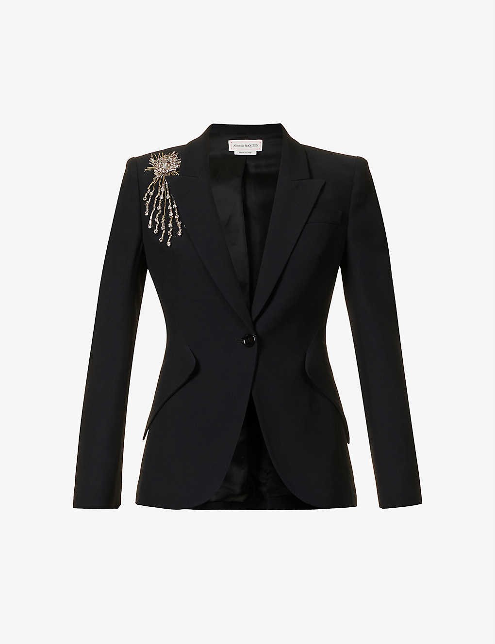 Crystal-embellished padded-shoulders woven blazer