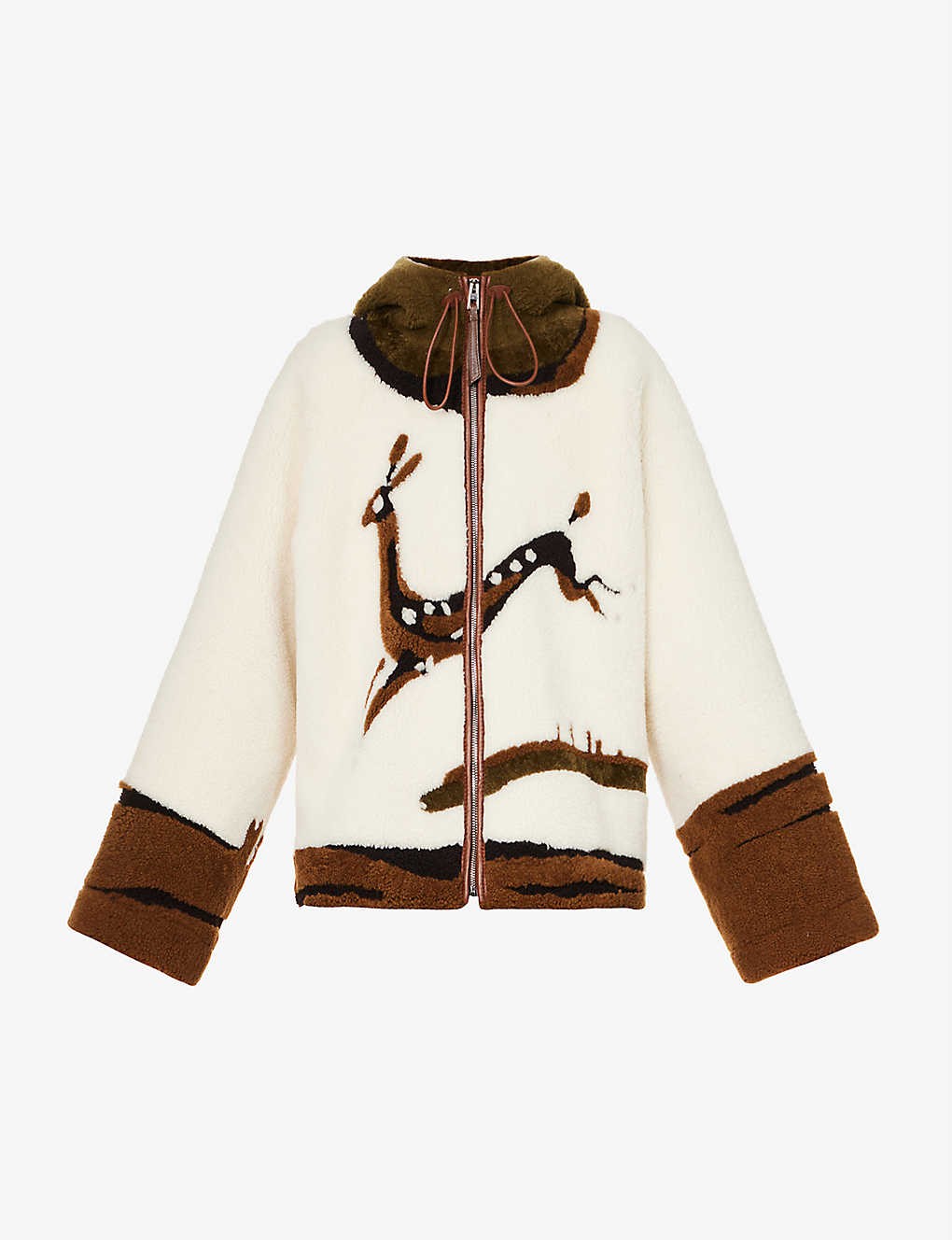 Deer-print contrast-patch regular-fit shearling jacket